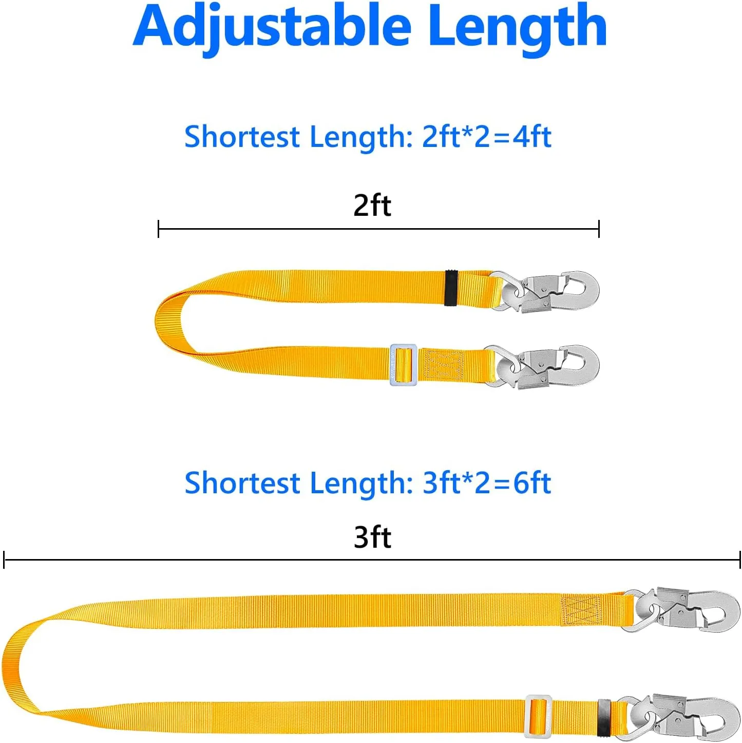 NTR Fall Protection Lanyard, Safety Belt Adjustable, 4-6 Feet Outdoor Tree Climbing Belt Restraint Lanyard with Large Snap Hooks, Yellow