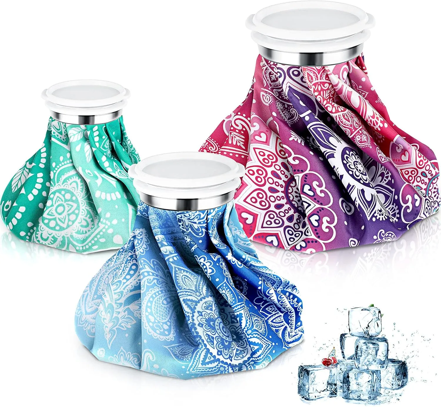 Nuanchu 3 Pieces Ice Bags for Injuries Reusable Ice Pack Hot Cold Water Bag 6, 9, 10 Inches Hot Cold Therapy and Pain Relief Pain Screw Top for Sports Knee Head Leg(Datura Style)