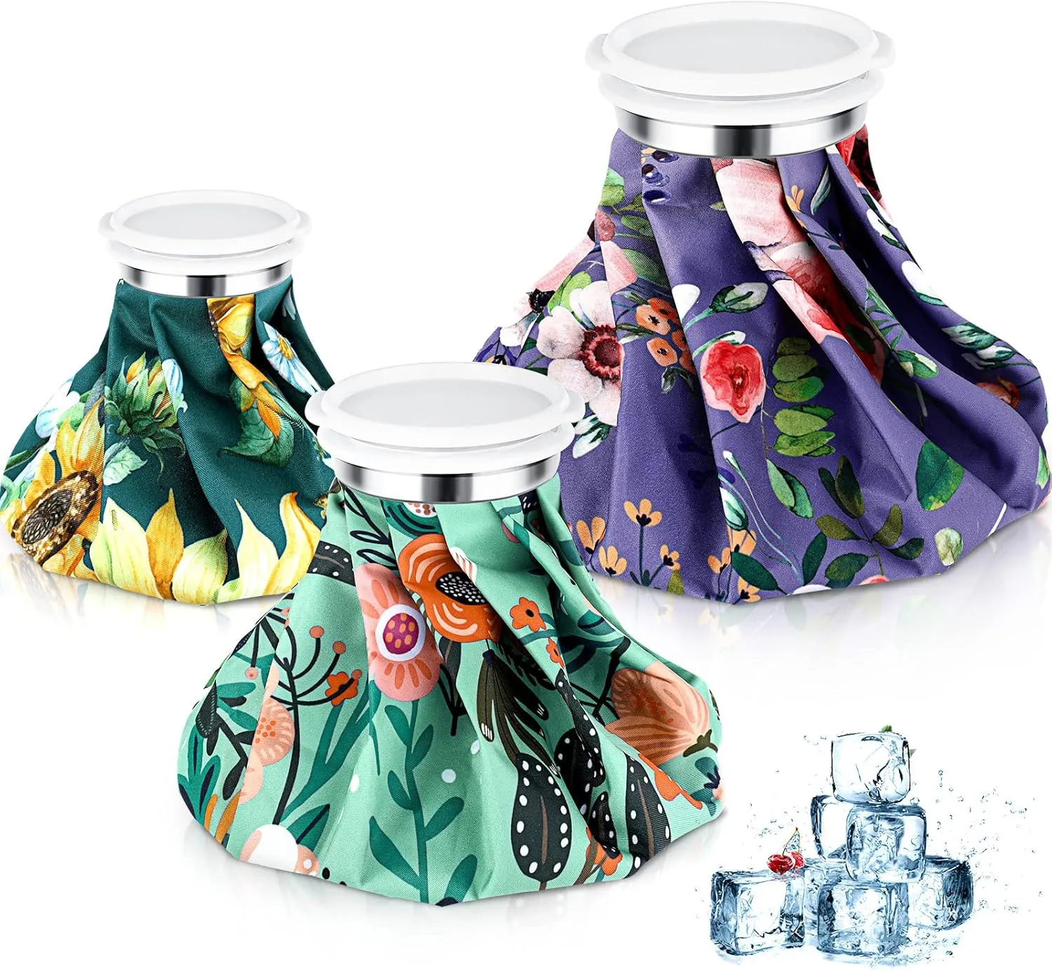 Nuanchu 3 Pieces Ice Bags for Injuries Reusable Ice Pack Hot Cold Water Bag 6, 9, 10 Inches Hot Cold Therapy and Pain Relief Pain Screw Top for Sports Knee Head Leg(Flower Style)