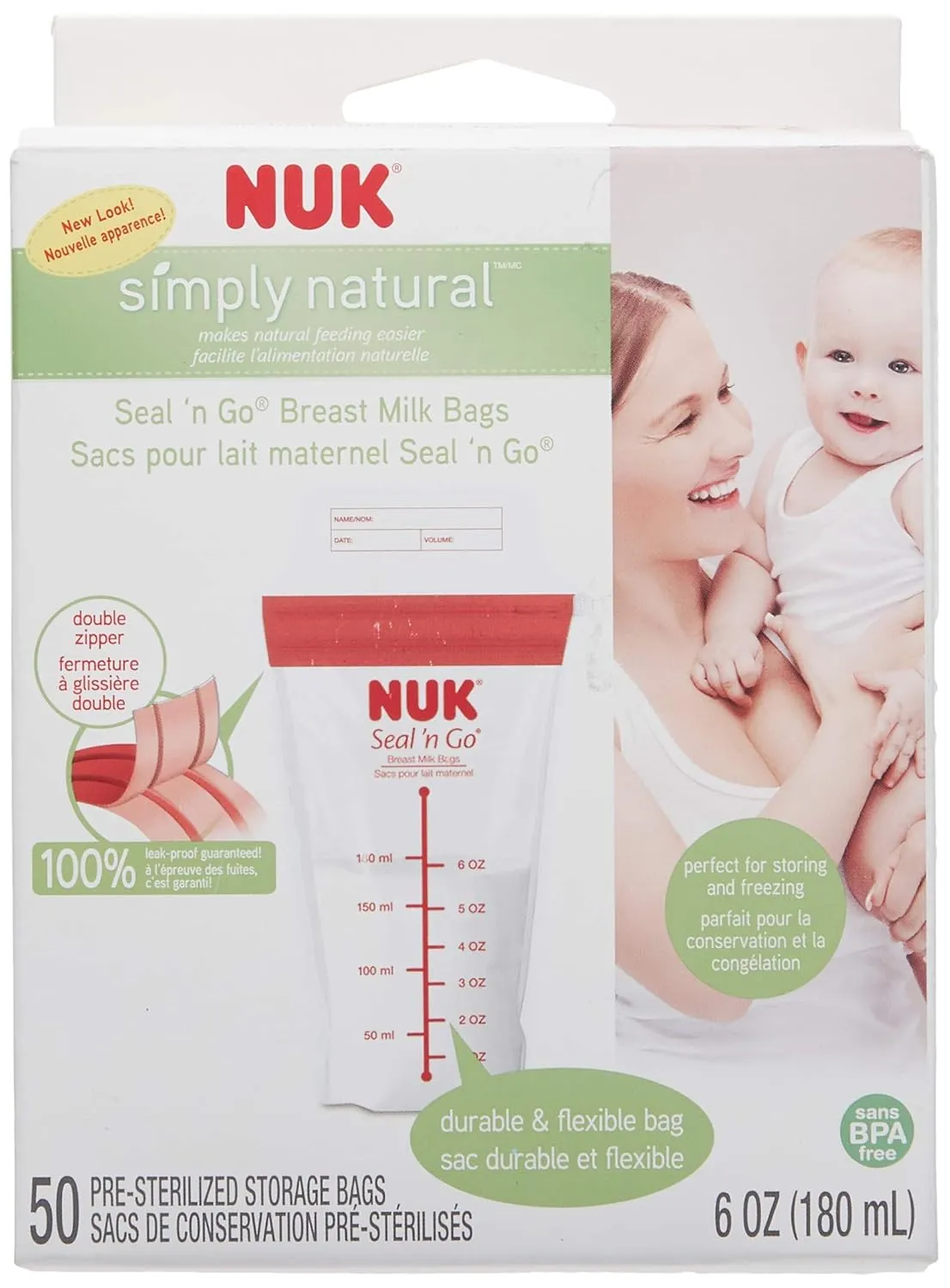 NUK Simply Natural Seal n' Go Breast Milk Bags, 50CT