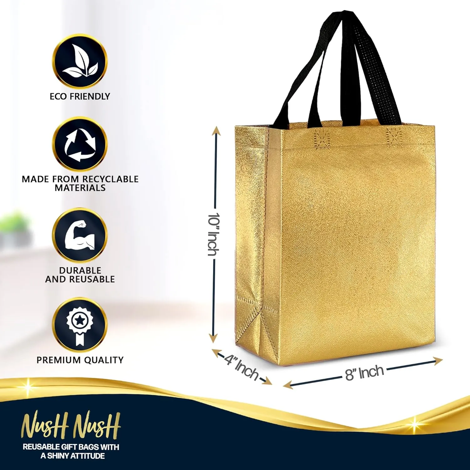 Nush Nush Gold Gift Bags Medium Size – Set of 12 Reusable Gift Bags with Handles in Bulk - Mother's Day Gift Bag, Bridesmaids, Bachelorette, Birthday, Goodie or Party Favor Bag – 8W x 4D x 10H