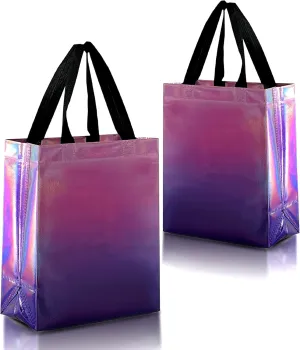 Nush Nush Holographic Gradient Gift Bags Medium Size– Set of 12 Sunset Pink & Purple Reusable Gift Bags With Handles - Colorful Party Favor Bags, Birthday Gift Bags in Bulk, Goodie Bags - 8x4x10