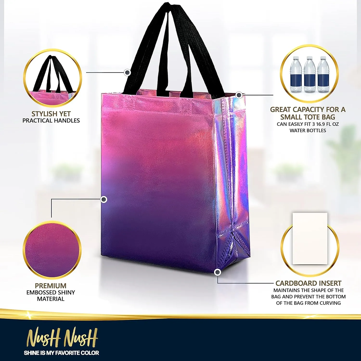 Nush Nush Holographic Gradient Gift Bags Medium Size– Set of 12 Sunset Pink & Purple Reusable Gift Bags With Handles - Colorful Party Favor Bags, Birthday Gift Bags in Bulk, Goodie Bags - 8x4x10