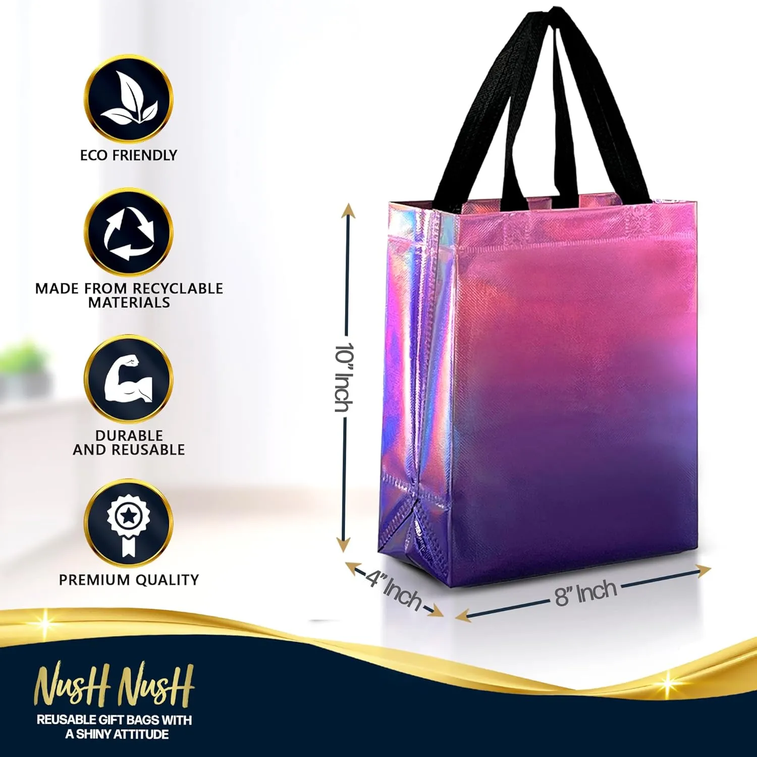 Nush Nush Holographic Gradient Gift Bags Medium Size– Set of 12 Sunset Pink & Purple Reusable Gift Bags With Handles - Colorful Party Favor Bags, Birthday Gift Bags in Bulk, Goodie Bags - 8x4x10