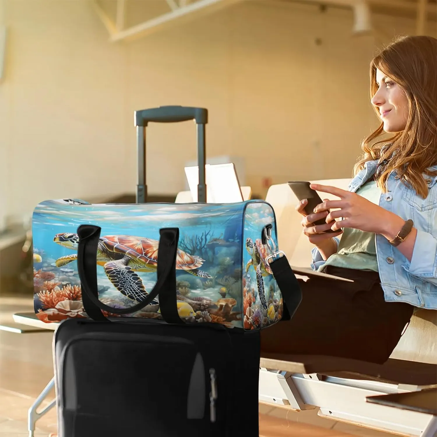 Ocean Sea Turtle Travel Duffle Bag, Sports Gym Bags for Women Men, Carry On Weekender Overnight Workout Airplane Trips Bag