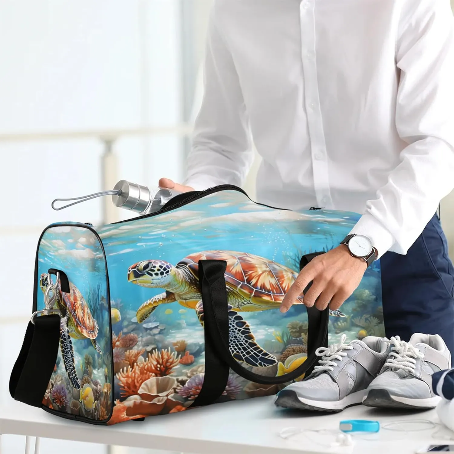 Ocean Sea Turtle Travel Duffle Bag, Sports Gym Bags for Women Men, Carry On Weekender Overnight Workout Airplane Trips Bag