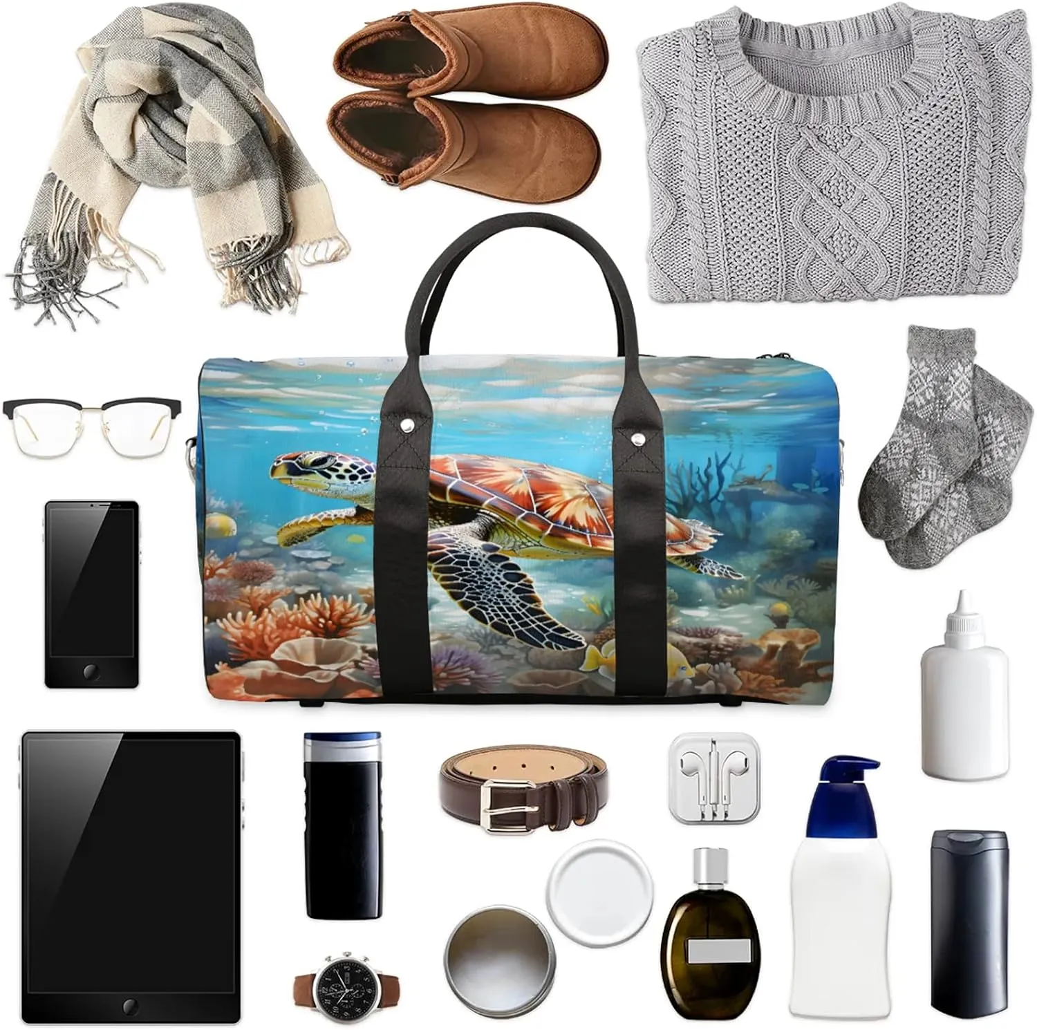 Ocean Sea Turtle Travel Duffle Bag, Sports Gym Bags for Women Men, Carry On Weekender Overnight Workout Airplane Trips Bag