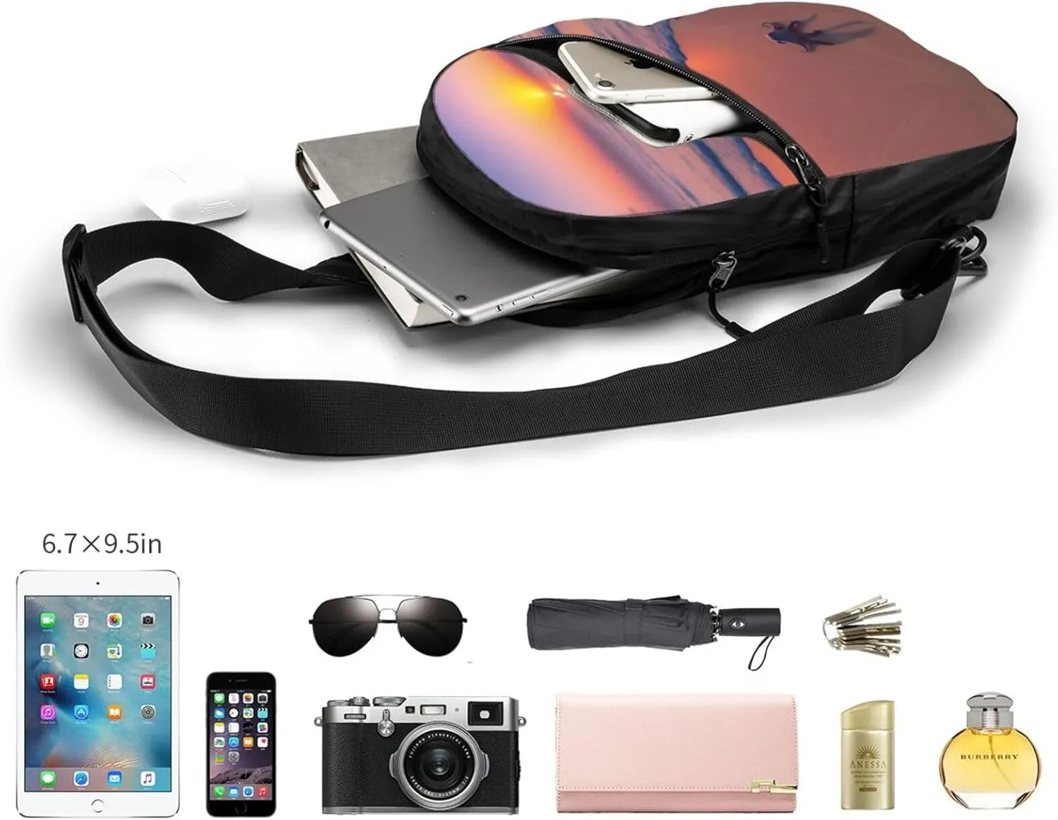 Octopus Beach Sunset Sling Bag For Women And Men Fashion Folding Chest Bag Adjustable Crossbody Travel Shoulder Bag