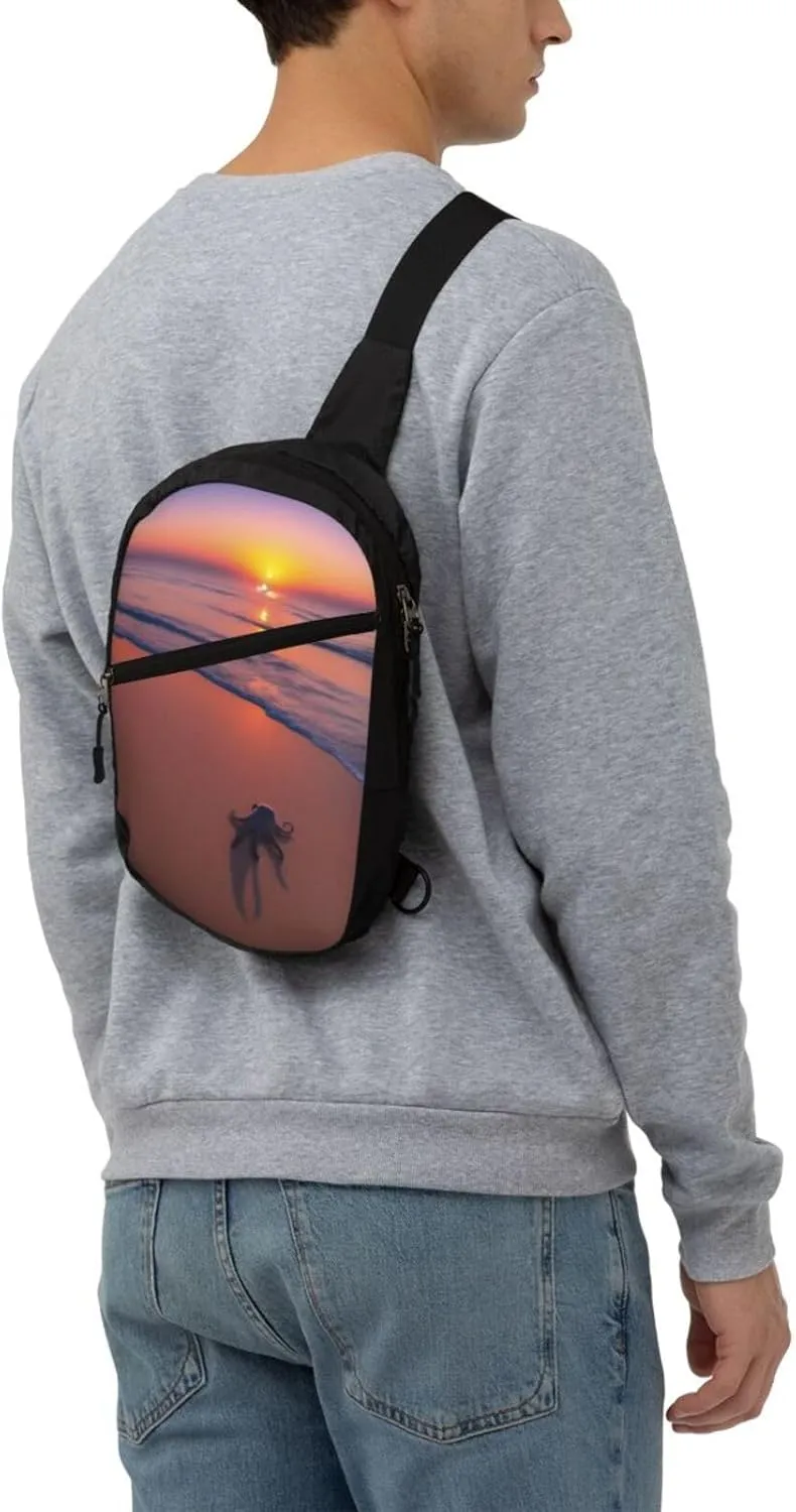 Octopus Beach Sunset Sling Bag For Women And Men Fashion Folding Chest Bag Adjustable Crossbody Travel Shoulder Bag