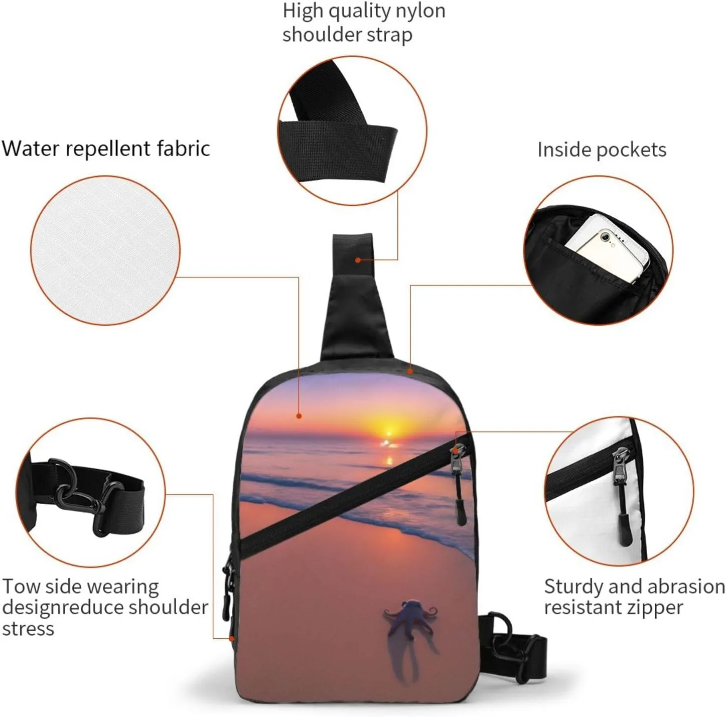 Octopus Beach Sunset Sling Bag For Women And Men Fashion Folding Chest Bag Adjustable Crossbody Travel Shoulder Bag