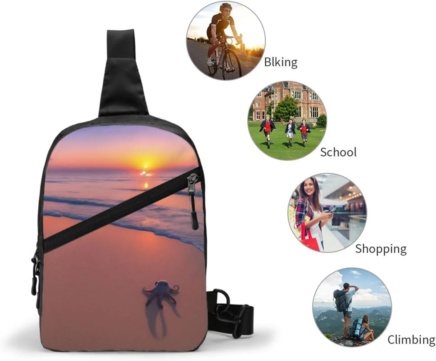 Octopus Beach Sunset Sling Bag For Women And Men Fashion Folding Chest Bag Adjustable Crossbody Travel Shoulder Bag