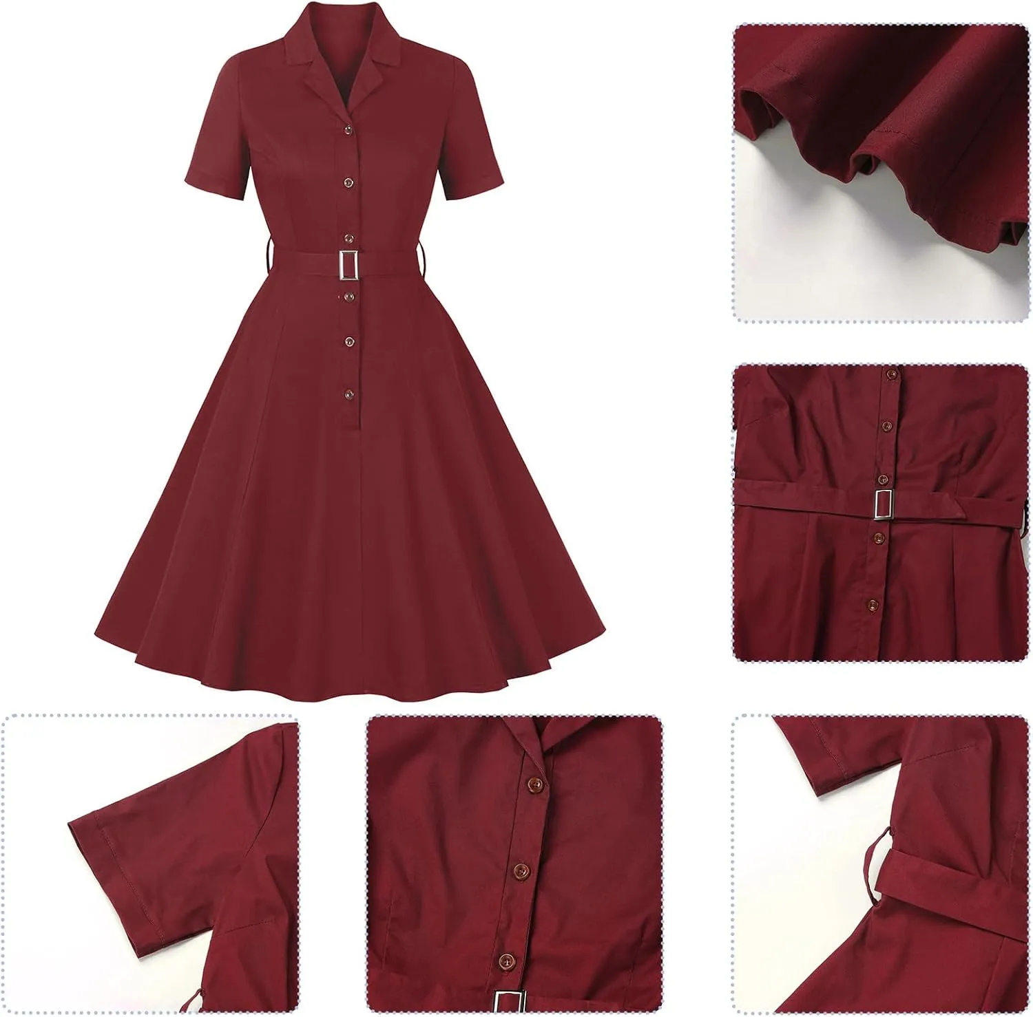 ODIZLI Women's 1950s Retro Dress Short Sleeve Notched Lapel Ruffle Swing Dress with Belt Cocktail Dress