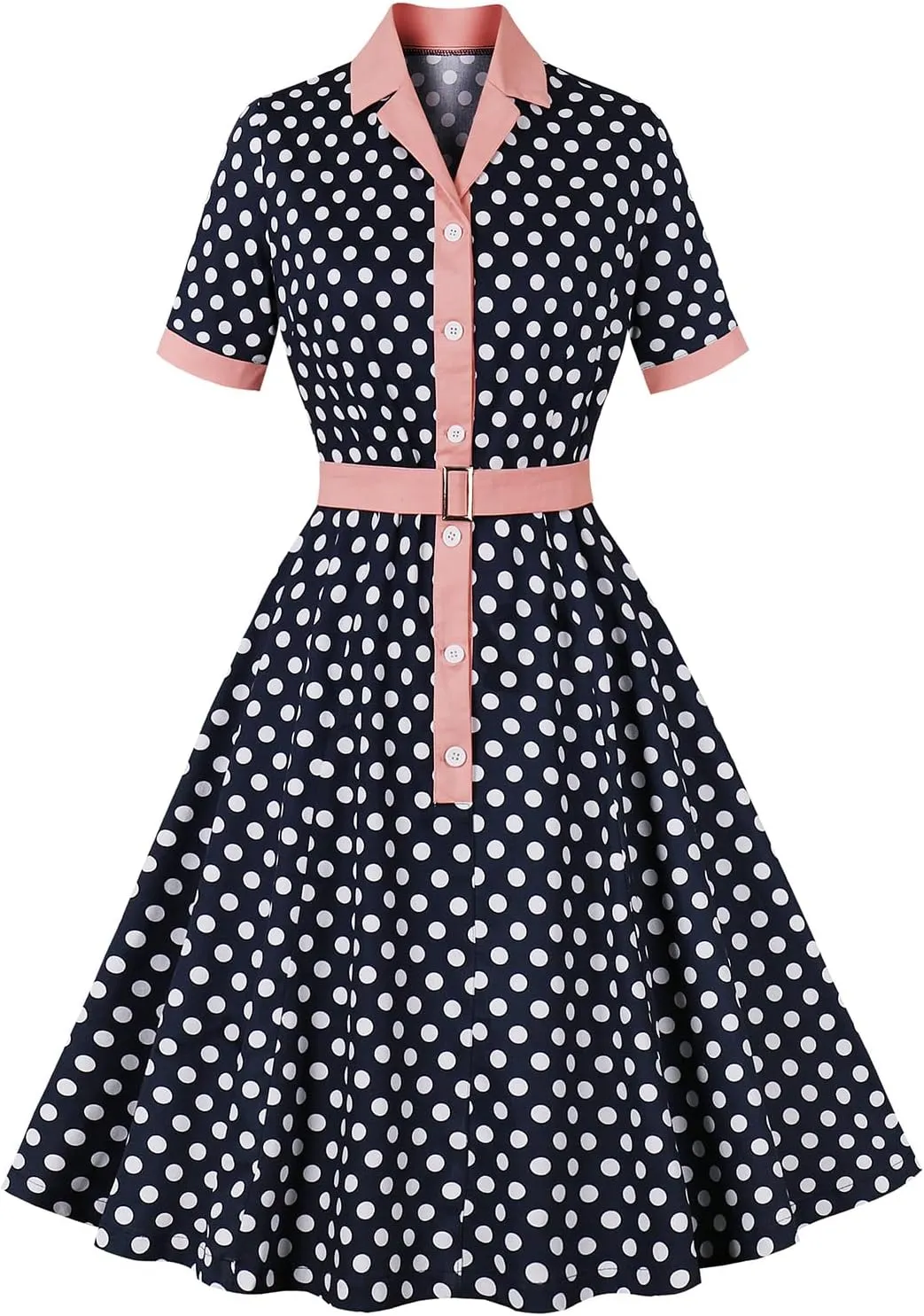 ODIZLI Women's 1950s Retro Dress Short Sleeve Notched Lapel Ruffle Swing Dress with Belt Cocktail Dress
