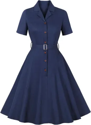 ODIZLI Women's 1950s Retro Dress Short Sleeve Notched Lapel Ruffle Swing Dress with Belt Cocktail Dress