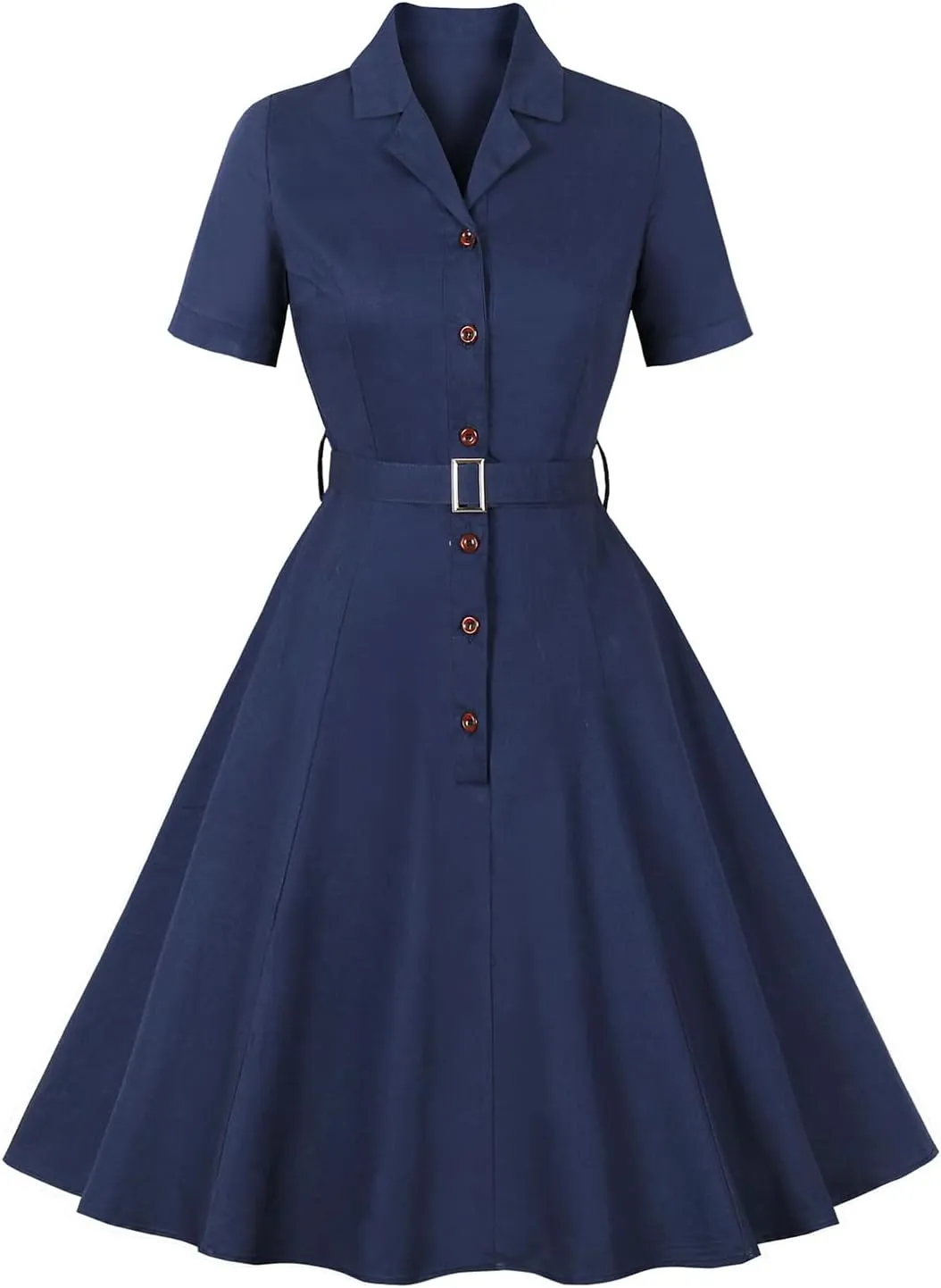 ODIZLI Women's 1950s Retro Dress Short Sleeve Notched Lapel Ruffle Swing Dress with Belt Cocktail Dress
