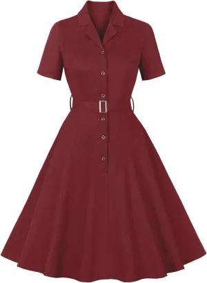 ODIZLI Women's 1950s Retro Dress Short Sleeve Notched Lapel Ruffle Swing Dress with Belt Cocktail Dress