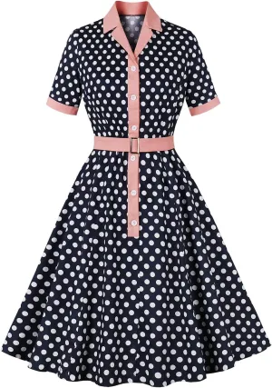 ODIZLI Women's 1950s Retro Dress Short Sleeve Notched Lapel Ruffle Swing Dress with Belt Cocktail Dress