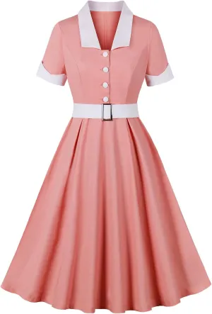 ODIZLI Women's 1950s Retro Dress Short Sleeve Notched Lapel Ruffle Swing Dress with Belt Cocktail Dress