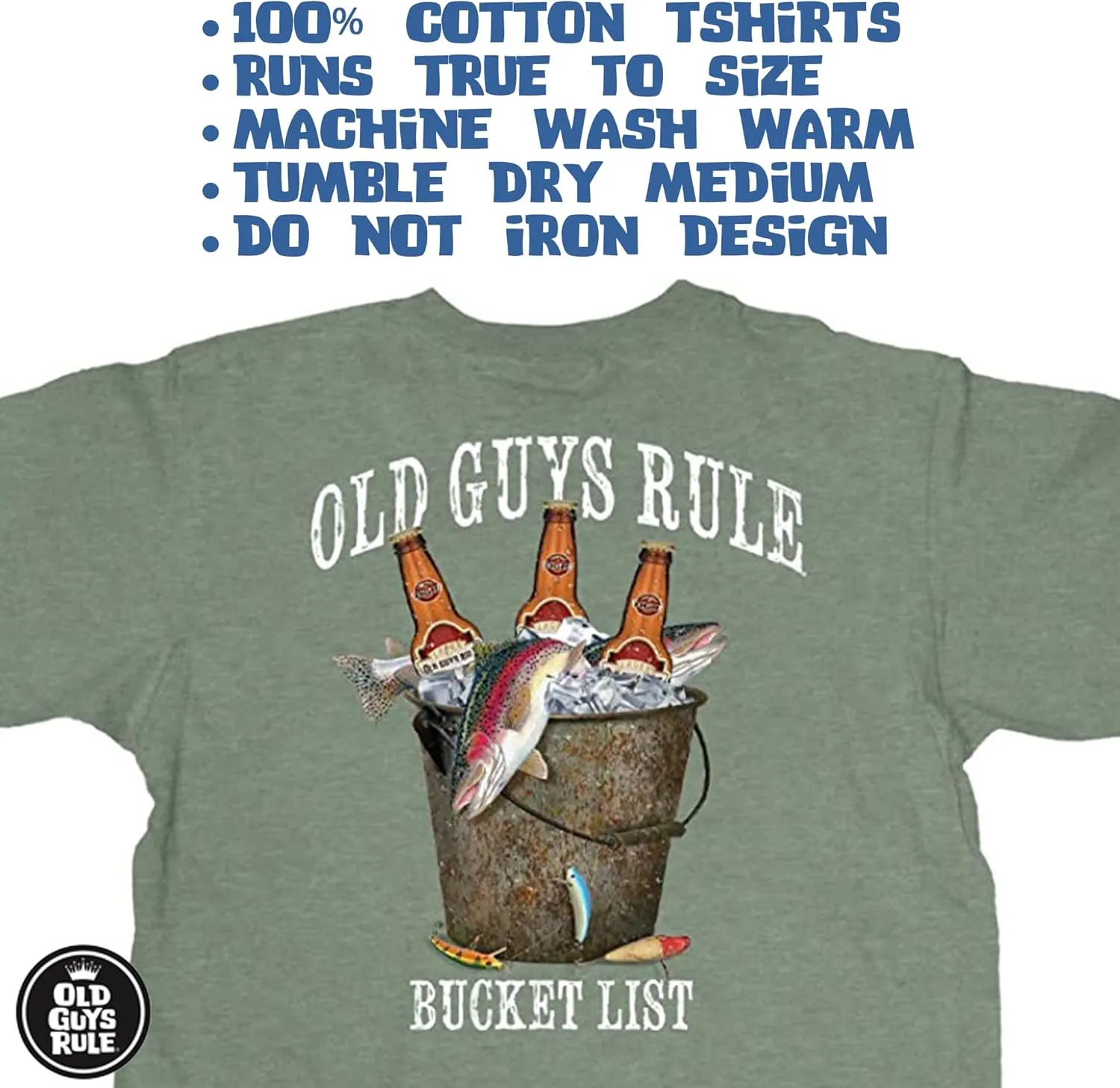 OLD GUYS RULE Men's Graphic T-Shirt, Fresh Bucket List Funny Novelty Tee for Fishing, Beer Drinking