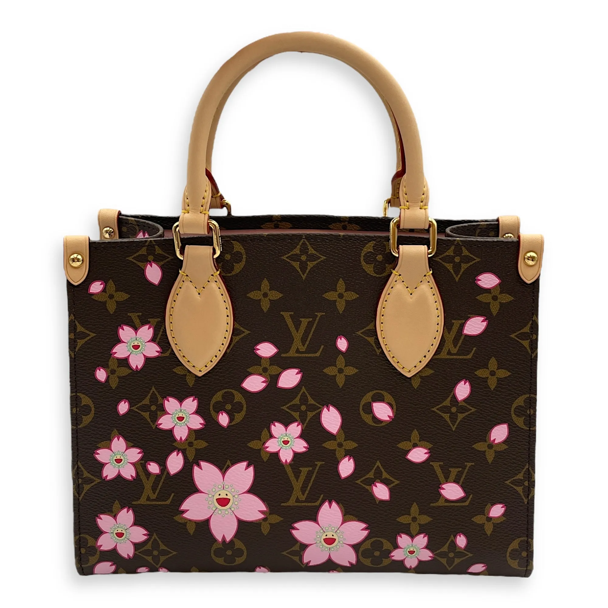 On the go cherry blossom PM Top Handle Bag in Coated Canvas, Gold hardware