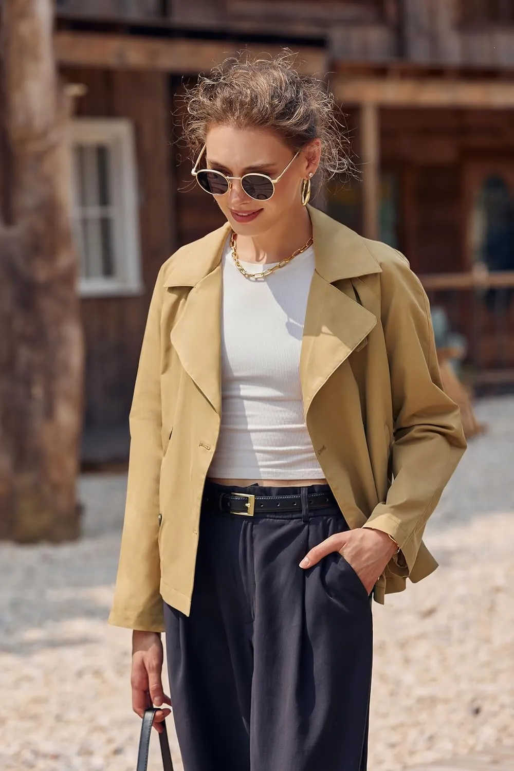 Onedreamer Women's Double Breasted Trench Coat Classic Lapel Long Sleeve Blazer Jackets Casual Outerwear With Belt
