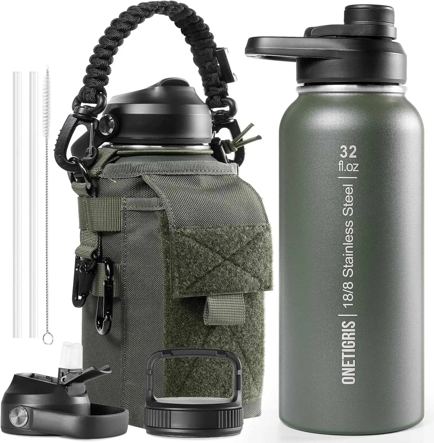OneTigris 32 oz Insulated Water Bottle with Straw - Tactical Stainless Steel Water Jug, Leakproof Thermos Wide Mouth Sport bottle with 3 Lids and Sleeve for Travel, Gym, Camping, Hiking
