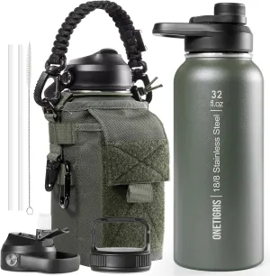 OneTigris 32 oz Insulated Water Bottle with Straw - Tactical Stainless Steel Water Jug, Leakproof Thermos Wide Mouth Sport bottle with 3 Lids and Sleeve for Travel, Gym, Camping, Hiking