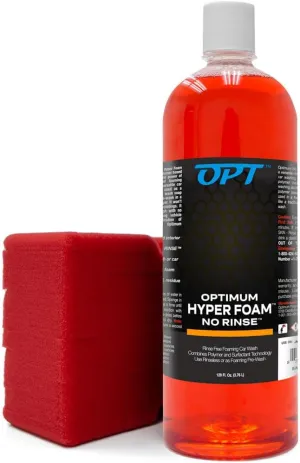 Optimum Hyper Foam ONR Rinseless Foaming Car Wash Soap and Big Red Sponge Car Cleaning Kit – Rinseless Car Wash with Foam and Polymers (32 oz.)