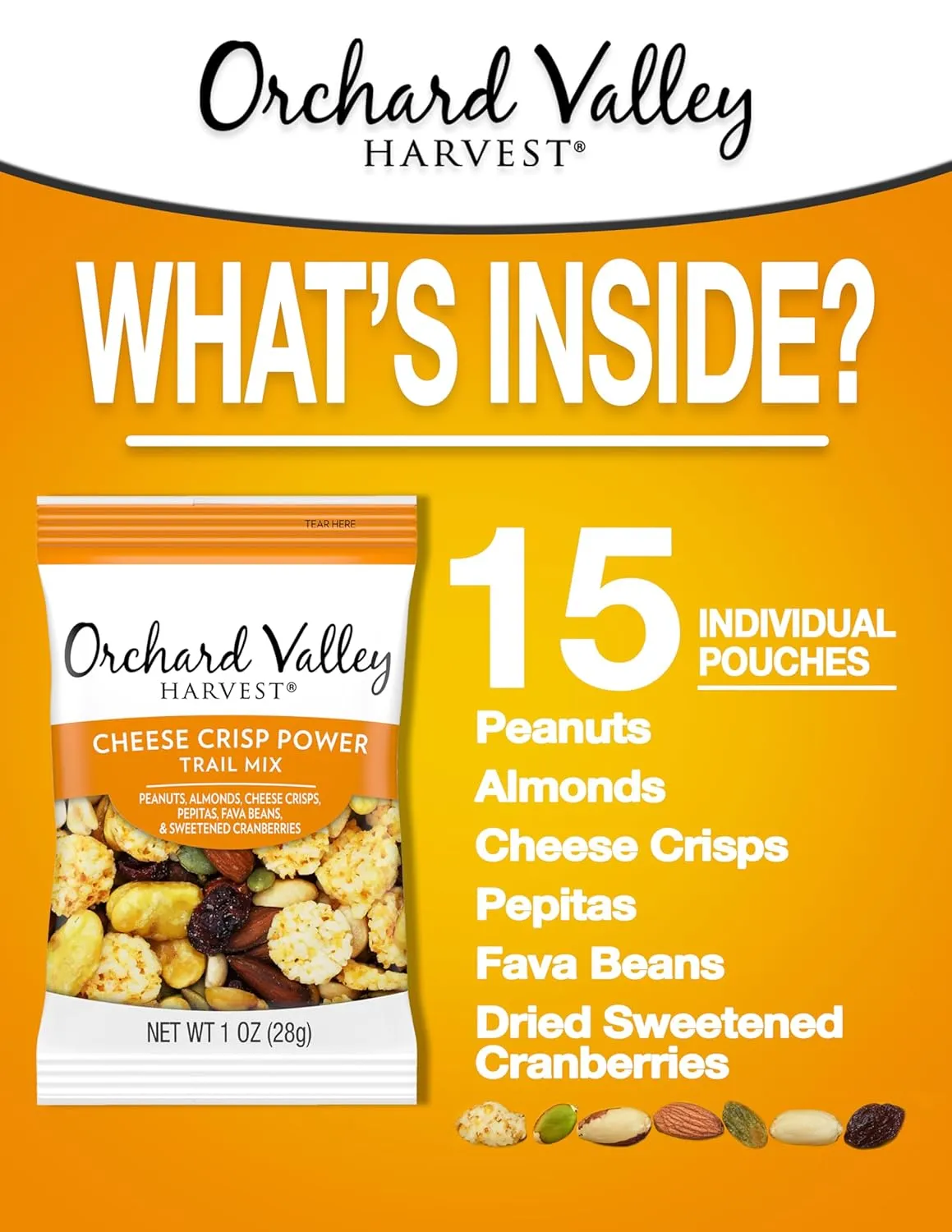 Orchard Valley Harvest Cheese Crisp Power Trail Mix, 1 oz Bags (15 count), Snack Packs, 7g Protein and 2g Fiber Per Serving, Cheesy Trail Mix, Individual Snacks for Adults and Kids