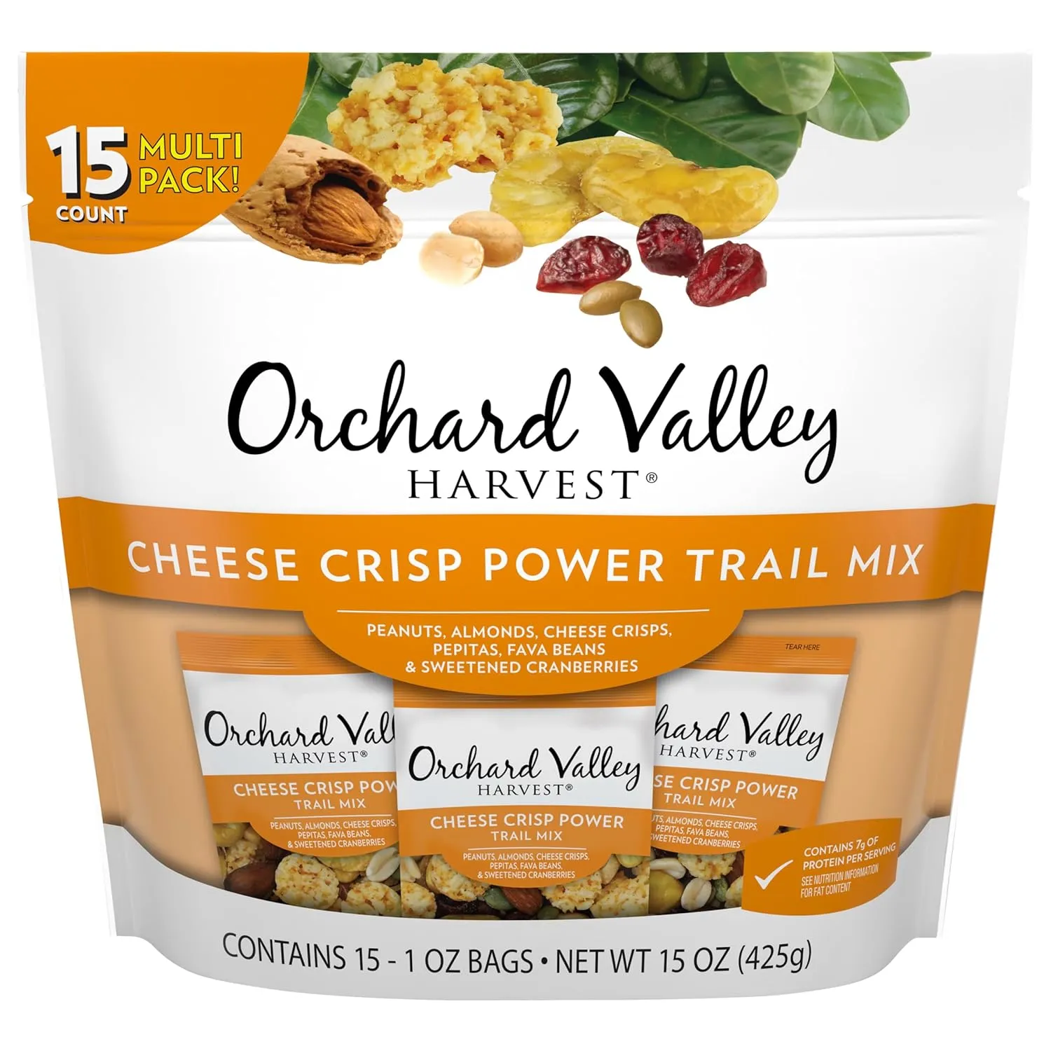 Orchard Valley Harvest Cheese Crisp Power Trail Mix, 1 oz Bags (15 count), Snack Packs, 7g Protein and 2g Fiber Per Serving, Cheesy Trail Mix, Individual Snacks for Adults and Kids
