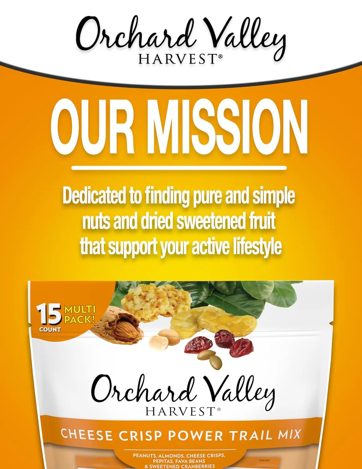 Orchard Valley Harvest Cheese Crisp Power Trail Mix, 1 oz Bags (15 count), Snack Packs, 7g Protein and 2g Fiber Per Serving, Cheesy Trail Mix, Individual Snacks for Adults and Kids