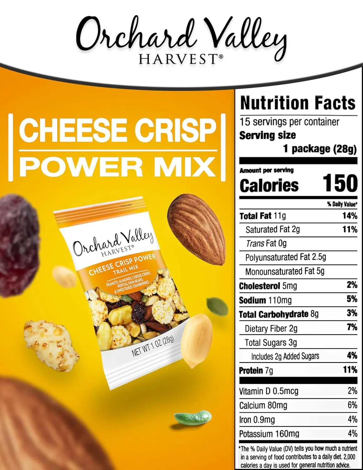 Orchard Valley Harvest Cheese Crisp Power Trail Mix, 1 oz Bags (15 count), Snack Packs, 7g Protein and 2g Fiber Per Serving, Cheesy Trail Mix, Individual Snacks for Adults and Kids