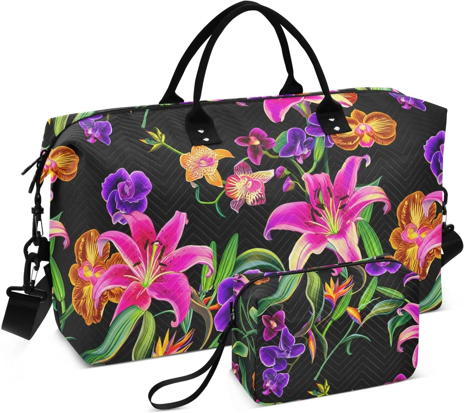 Orchid Blossom Floral Black Sports Gym Bag for Women Men Travel Duffel Bag Weekend Overnight Carry on Bag with Toiletry Bag Training Handbag for Plane Hospital Workout Swimming Yoga