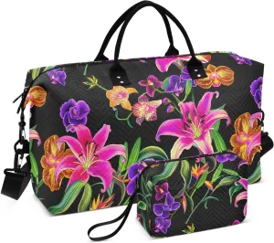 Orchid Blossom Floral Black Sports Gym Bag for Women Men Travel Duffel Bag Weekend Overnight Carry on Bag with Toiletry Bag Training Handbag for Plane Hospital Workout Swimming Yoga