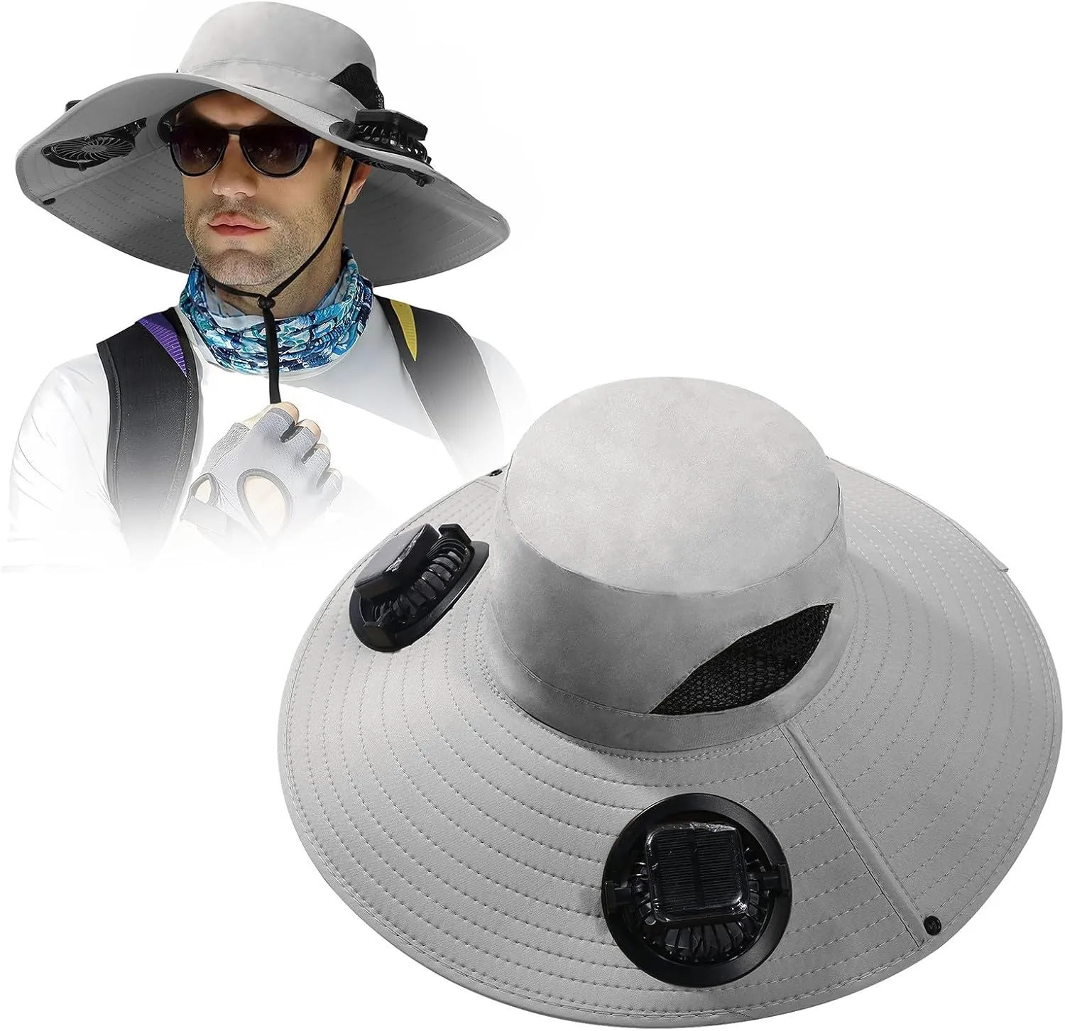 Outdoor Wide Brim Sun Hat with Solar Fan - 2025 Sun Bucket Hat for Men Women, UPF 50  Bucket Fishing Beach Hat Fan Built in