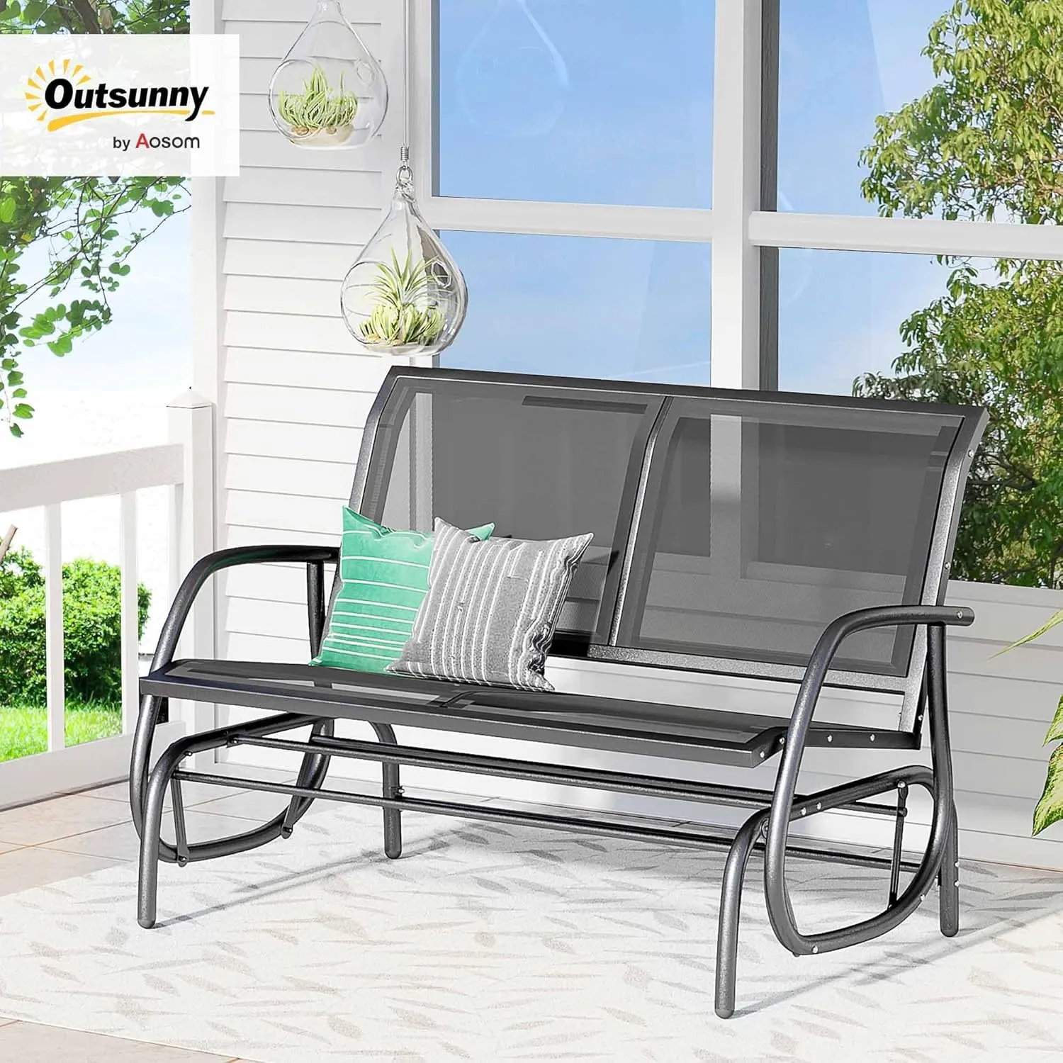 Outsunny 2-Person Outdoor Glider Bench, Patio Double Swing Rocking Chair Loveseat w/Powder Coated Steel Frame for Backyard Garden Porch, Black