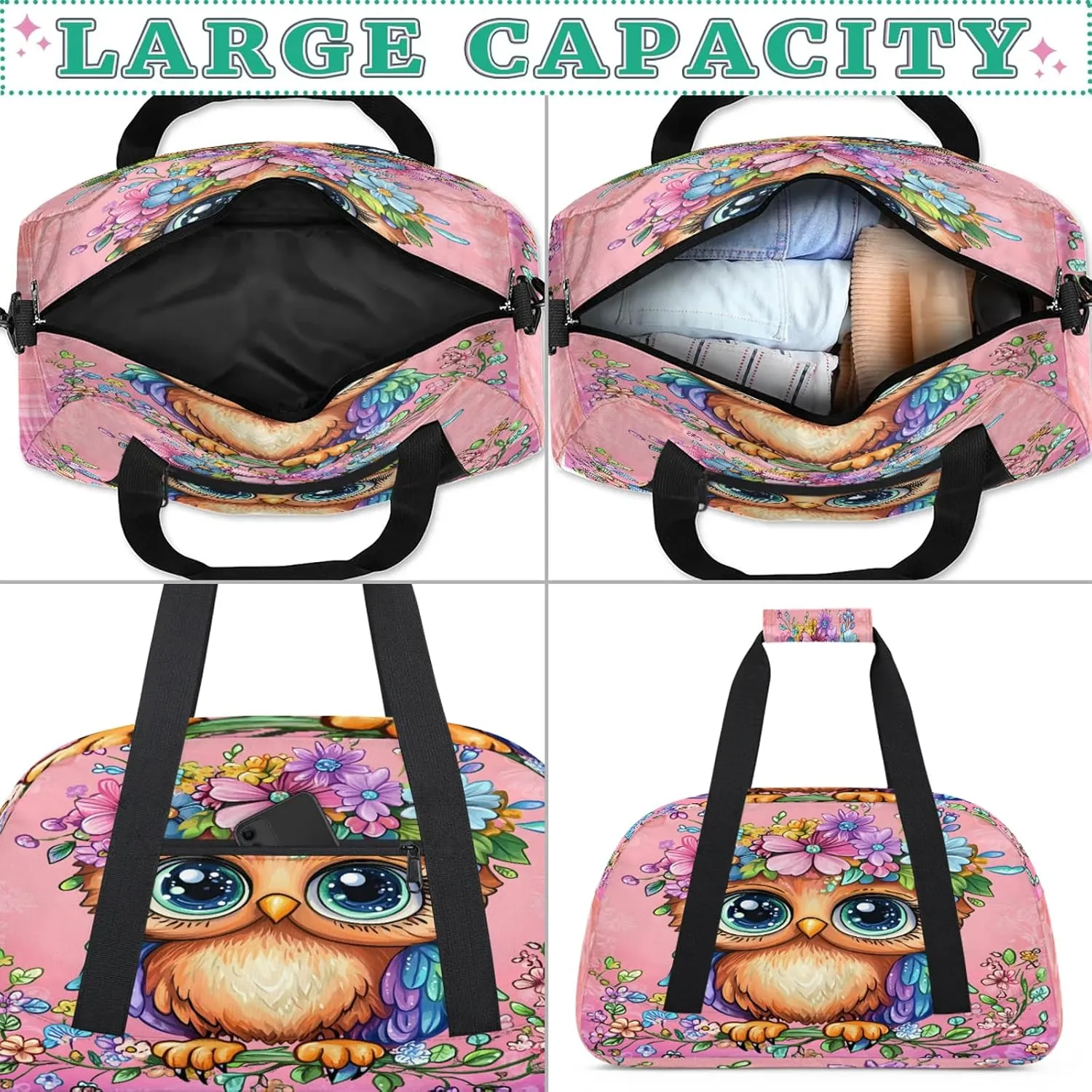 Owl Sports Duffle Gym Bags for Men or Women, Bird Lightweight Carry On Overnight Weekender Bag for Travel Workout