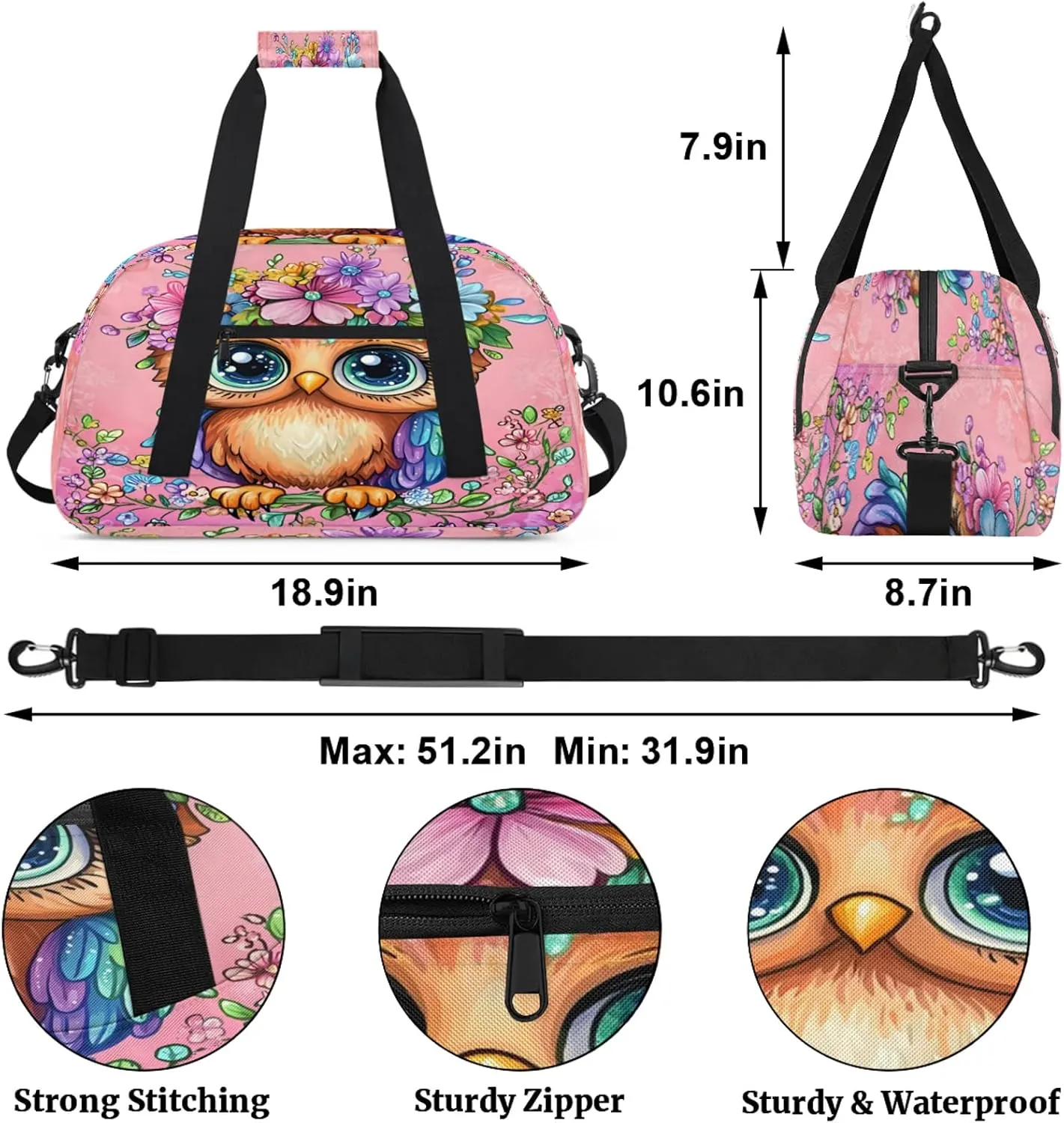 Owl Sports Duffle Gym Bags for Men or Women, Bird Lightweight Carry On Overnight Weekender Bag for Travel Workout