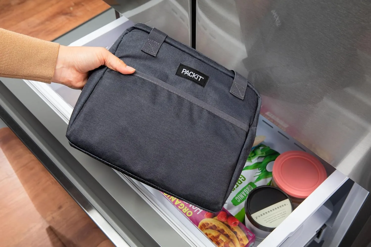 PackIt Freezable Hampton Lunch Bag, City Charcoal, Built with EcoFreeze Technology, Collapsible, Reusable, Zip Closure with Front Pocket and Shoulder Straps, Designed for Fresh Office Lunches