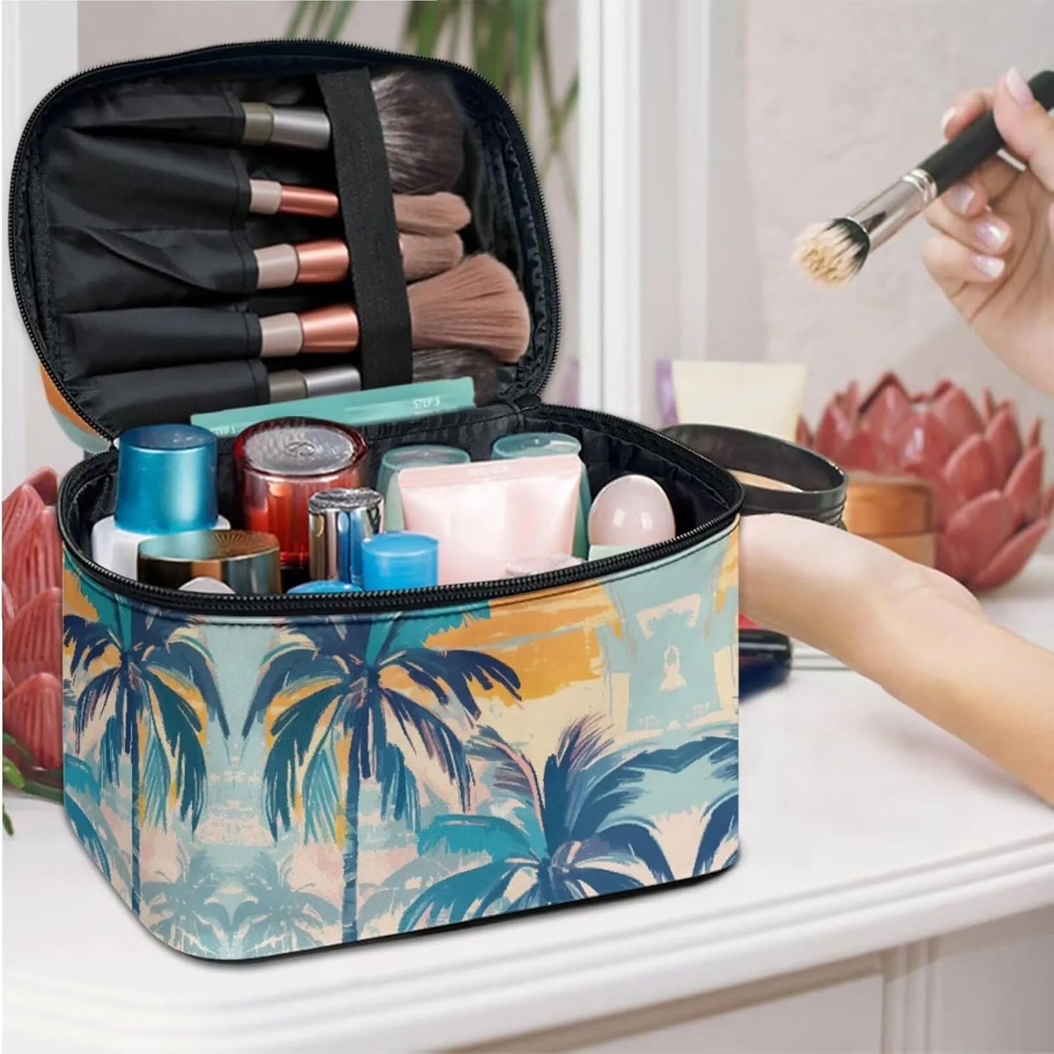 Painting Beach Island Travel Makeup Bag Organizer Toiletry Bag for Women, Hawaii Sunset Palm Printed Cosmetic Kit for Toiletries Accessories