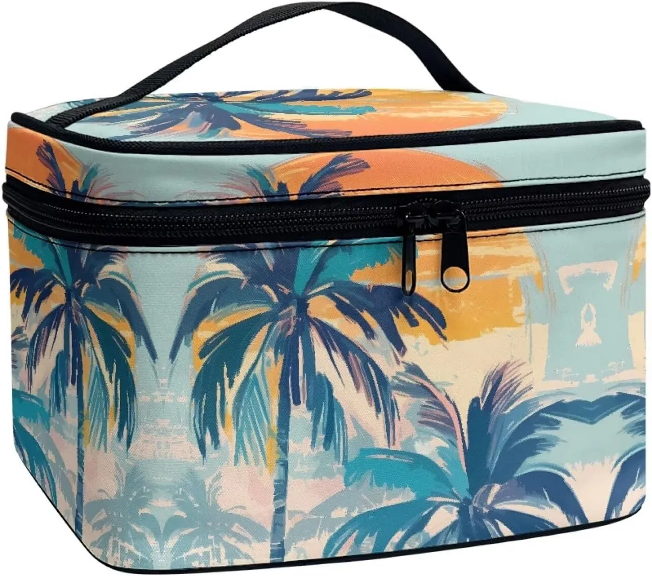 Painting Beach Island Travel Makeup Bag Organizer Toiletry Bag for Women, Hawaii Sunset Palm Printed Cosmetic Kit for Toiletries Accessories