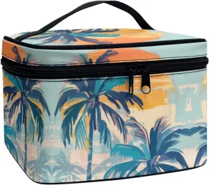 Painting Beach Island Travel Makeup Bag Organizer Toiletry Bag for Women, Hawaii Sunset Palm Printed Cosmetic Kit for Toiletries Accessories