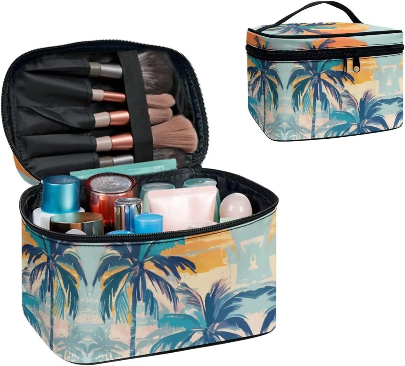 Painting Beach Island Travel Makeup Bag Organizer Toiletry Bag for Women, Hawaii Sunset Palm Printed Cosmetic Kit for Toiletries Accessories