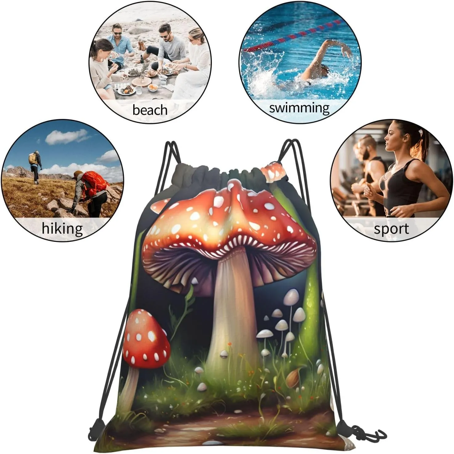 Painting Mushroom Waterproof Drawstring Gym Backpack Bag For Men&Women,Sport Gym Sack Travel Daypack,Personalized