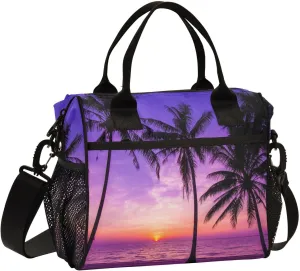 Palm Trees with Sunset Lunch Bag Reusable Lunch Box for Office Picnic Hiking Beach, Insulated Cooler Tote Food Container with Adjustable Shoulder Strap for Men Women Adults