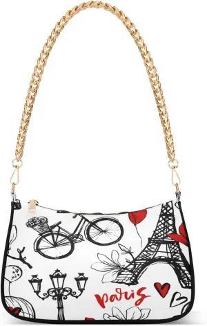 Paris Magnolia Blossom Eiffel Tower Bicycle Womens Shoulder Bag for Women Girls Hobo Tote Handbag Gold Chain Crossbody Bag with Zipper Clutch Purse Handbags