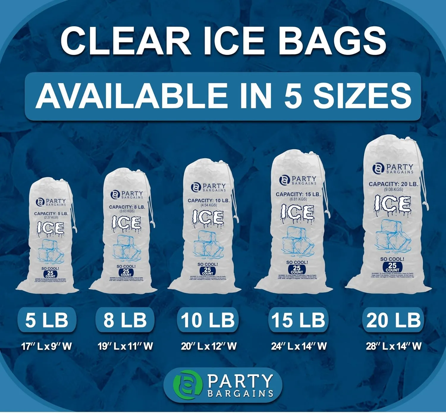Party Bargains 10 lb Plastic Drawstring Ice Bags 20"x12" (50 Count)