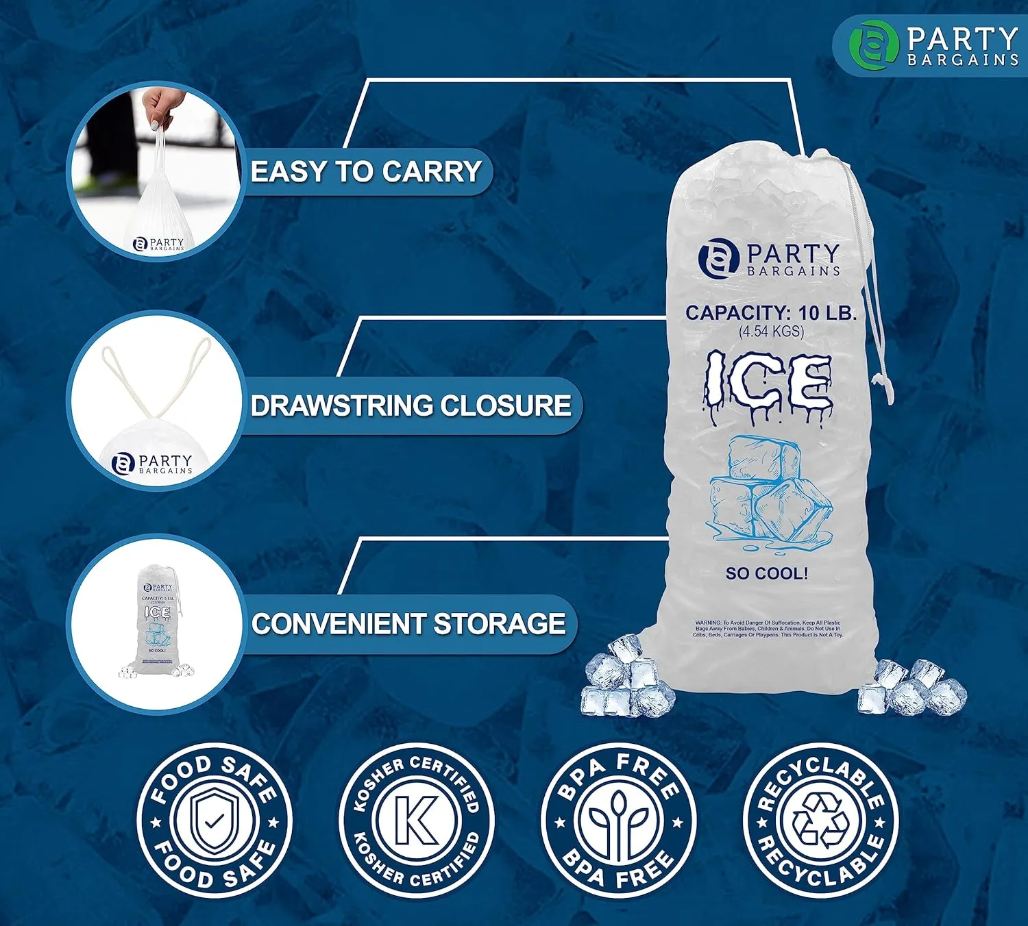 Party Bargains 10 lb Plastic Drawstring Ice Bags 20"x12" (50 Count)