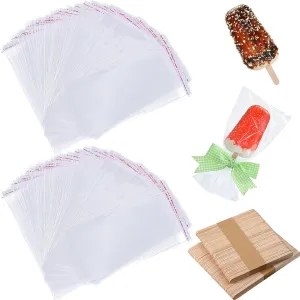 Patelai 500 Pcs Ice Lolly Sticks and Plastic Bags Set, Clear Self-adhesive Plastic Bags and Ice Lolly Sticks for Family Gathering Summer Party, 4.49 Inch, 8.27 x 3.15 Inch
