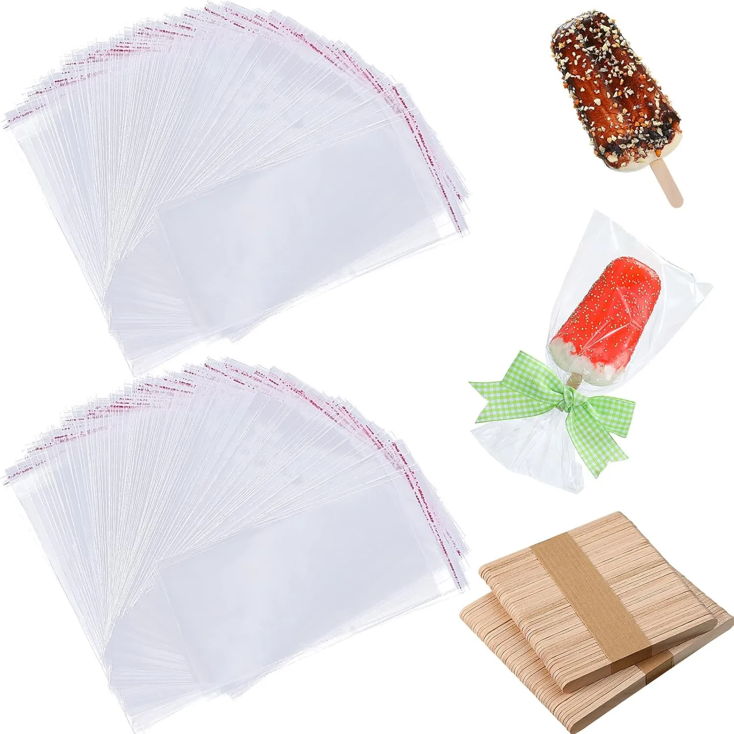 Patelai 500 Pcs Ice Lolly Sticks and Plastic Bags Set, Clear Self-adhesive Plastic Bags and Ice Lolly Sticks for Family Gathering Summer Party, 4.49 Inch, 8.27 x 3.15 Inch